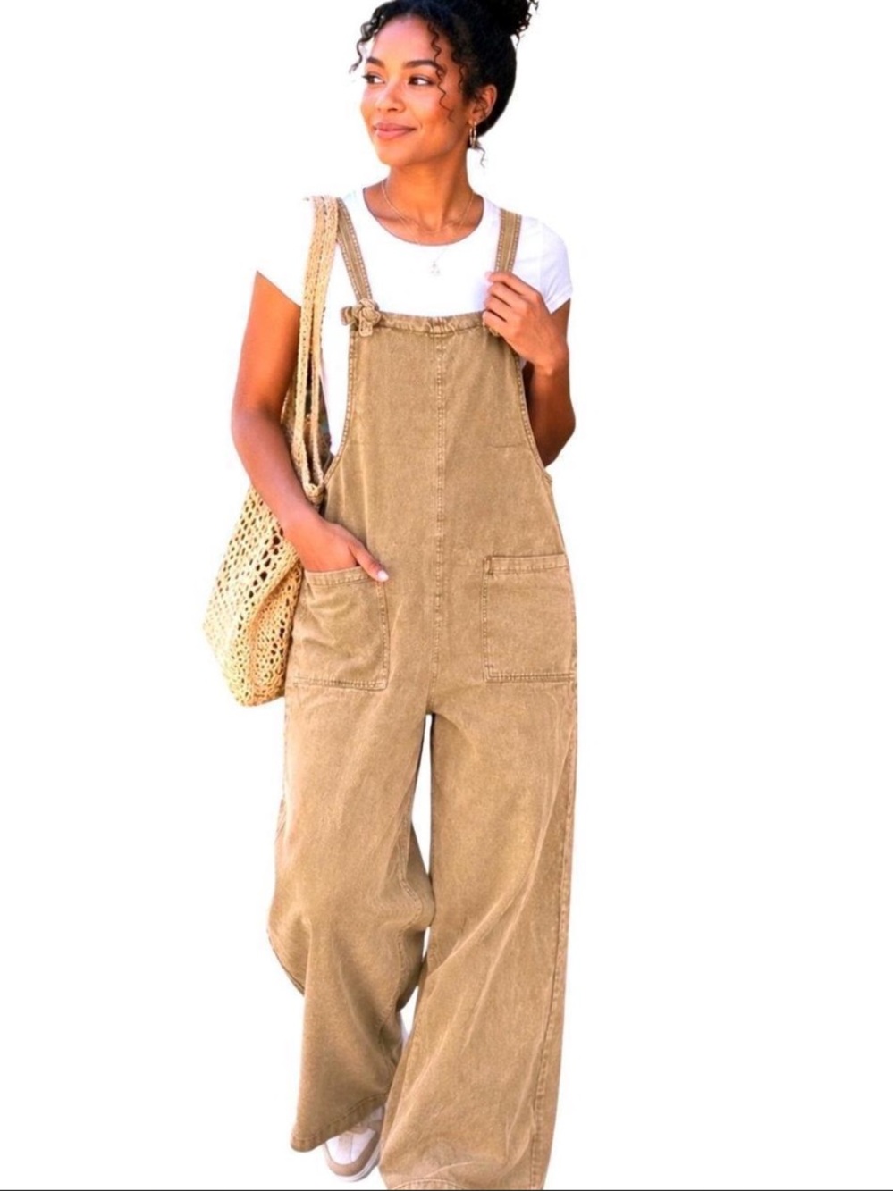 Zenana Outfitters Wide-Leg Overalls in Tan